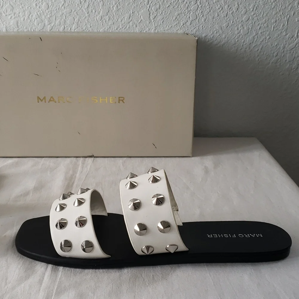 Marc Fisher White Studded Double-Strap Slide Sandals